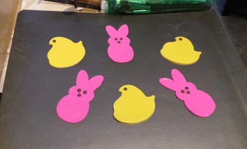 Easter peeps clay magnets on a baking sheet