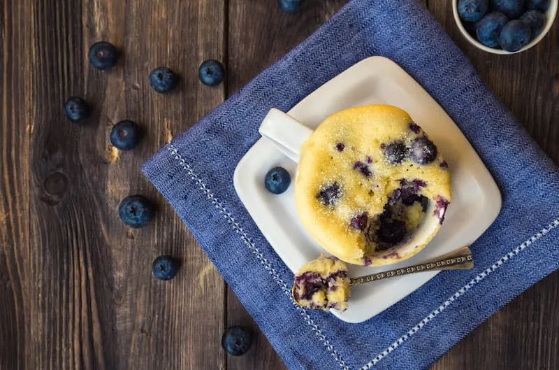 Homemade blueberry muffin in a mug with piece eaten out
