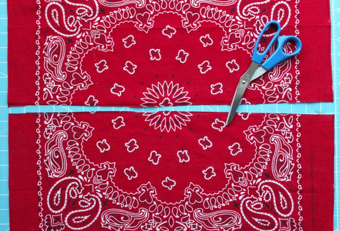 Cut a bandana in half with a pair of scissors