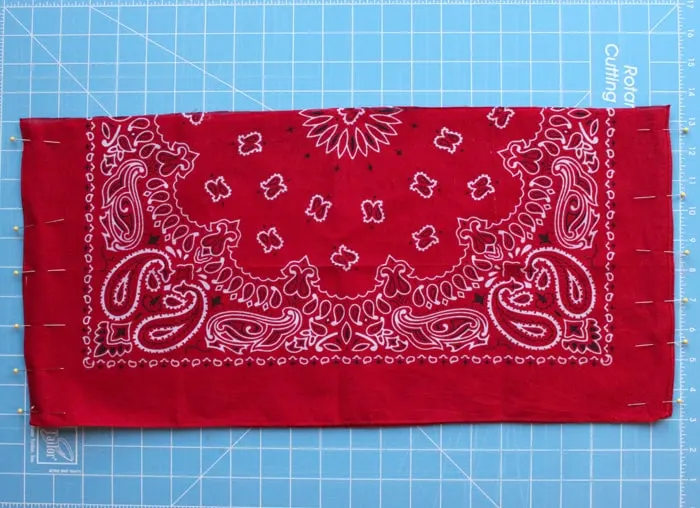 Two halves of a bandana pinned around the edges with straight pins