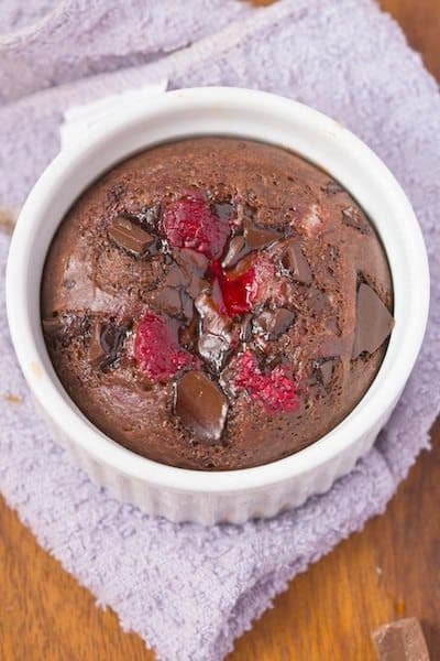 Chocolate raspberry dessert in a ramekin