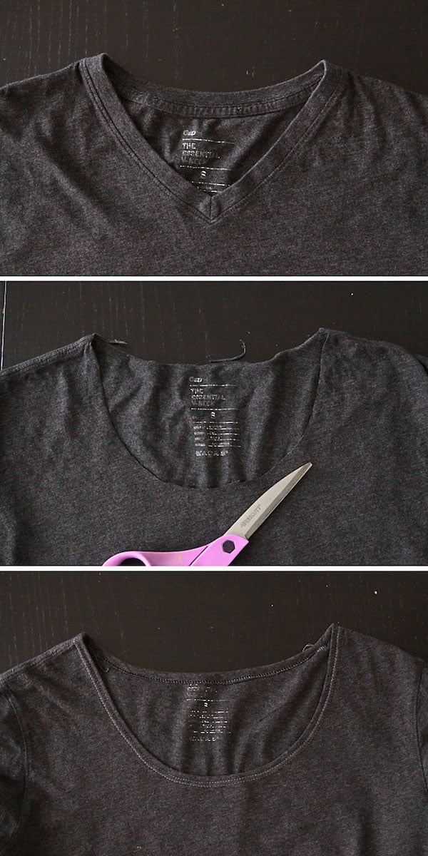 neckline being trimmed on a gray cotton t-shirt using scissors
