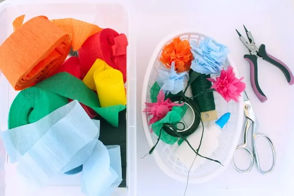 crepe streamers, scissors, floral wire