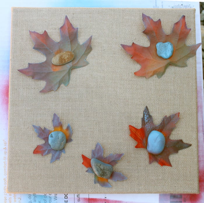 Leaves weighted down on the top of a canvas with rocks