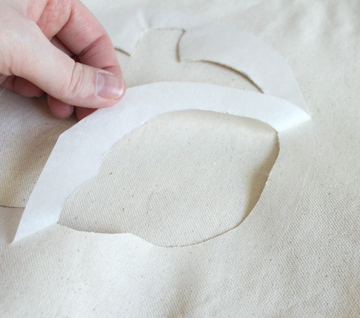 Peeling the paper backing off of the interfacing