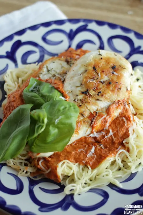 Plate with pasta, chicken, and milano sauce