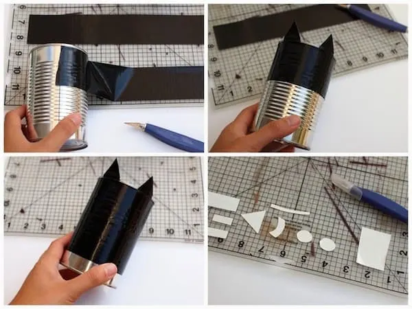 Covering a tin can using black duck tape