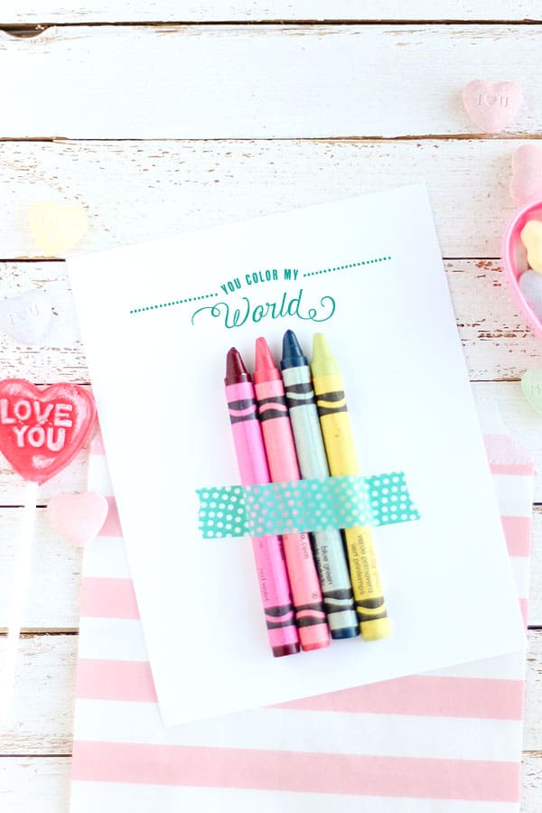 Use this cute free printable valentines card to give out in the classroom with a few crayons! Perfect non candy valentine idea!