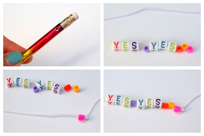 Stringing alphabet beads and perler beads on elastic cord