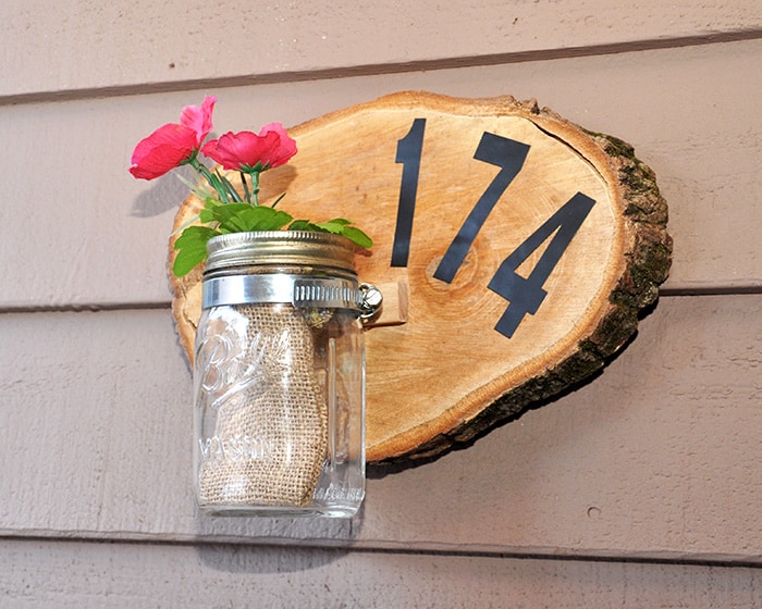 DIY house number sign with a mason jar vase