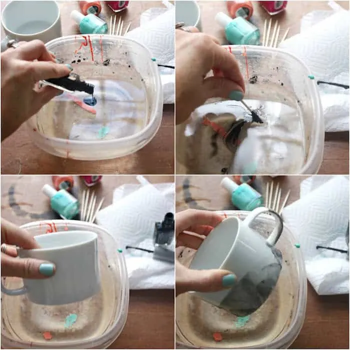Process of making marbled mugs using nail polish