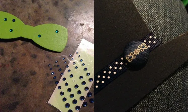 Adding embellishments like ribbon and adhesive gems to photo booth props