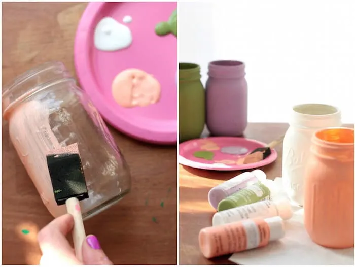 Painting mason jars with chalk paint and a foam brush
