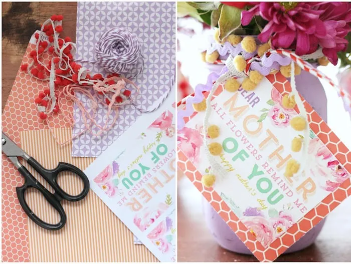 Printable Mother's Day tags cut and tied to a vase