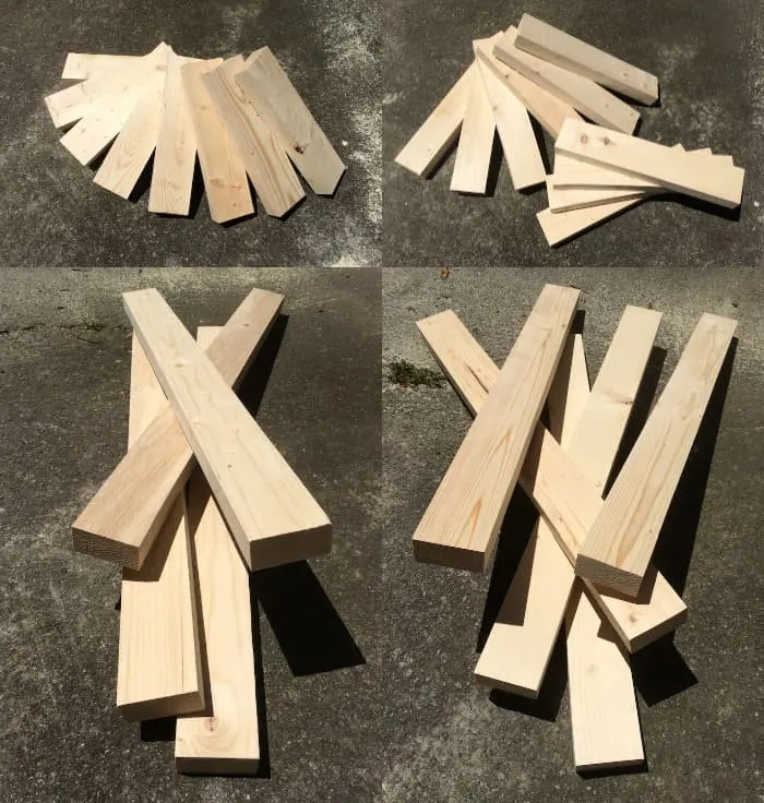 Cut wood pieces for a modern bench