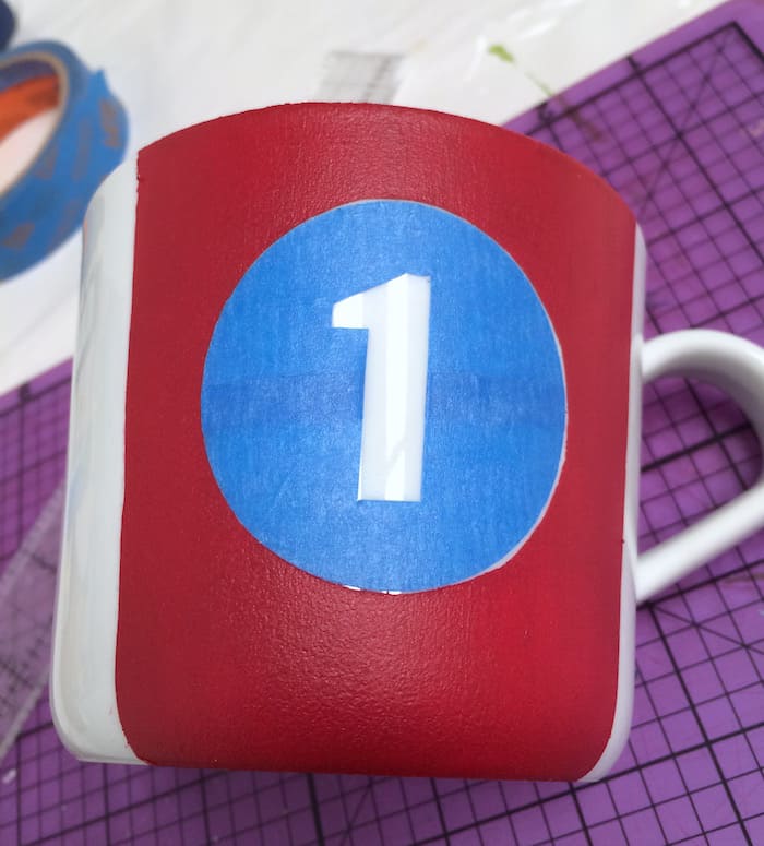 Number 1 sticker on the front of the mug