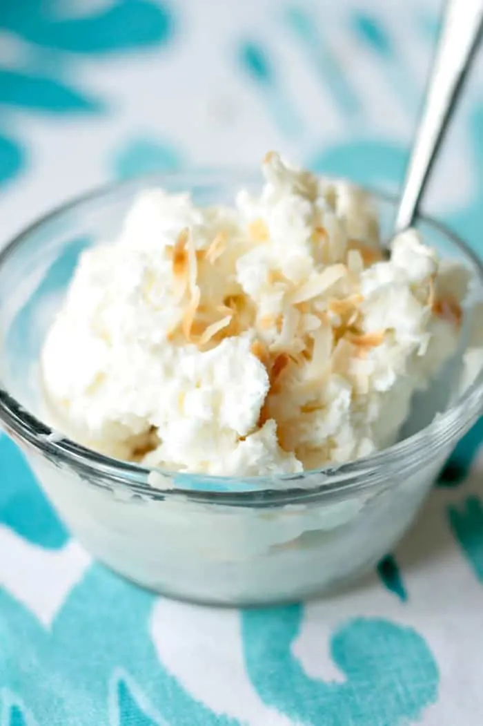 Delicious and easy coconut homemade ice cream in a bowl