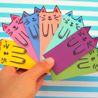 Instead of using random scraps of paper, I whipped up these super colorful and cute kitty themed DIY bookmarks out of paint chips!