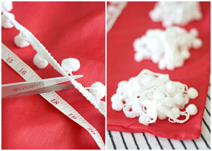 Measuring pom pom trim and cutting to fit the pillowcase