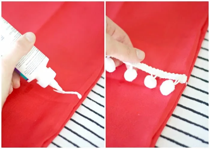 Applying fabric glue to a pillow cover and attaching the trim