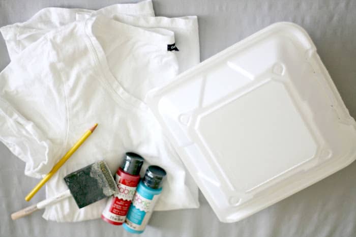 White t-shirt, styrofoam box, fabric paint, and a foam paintbrush