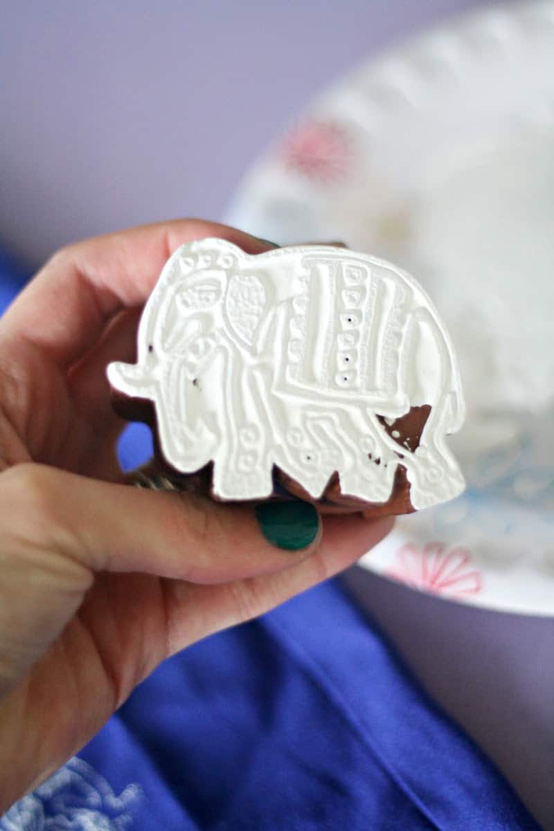Elephant wood block stamp with white fabric paint on top