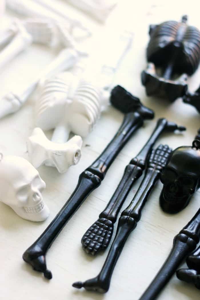 Black and white plastic skeleton pieces laying out on a work surface