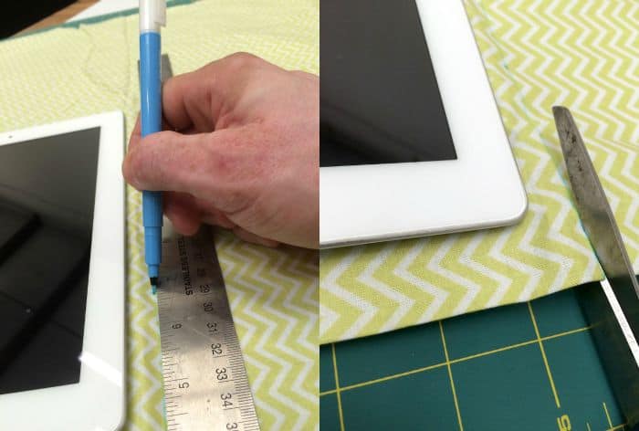 Drawing a line on fabric with a fabric pen and cutting with scissors