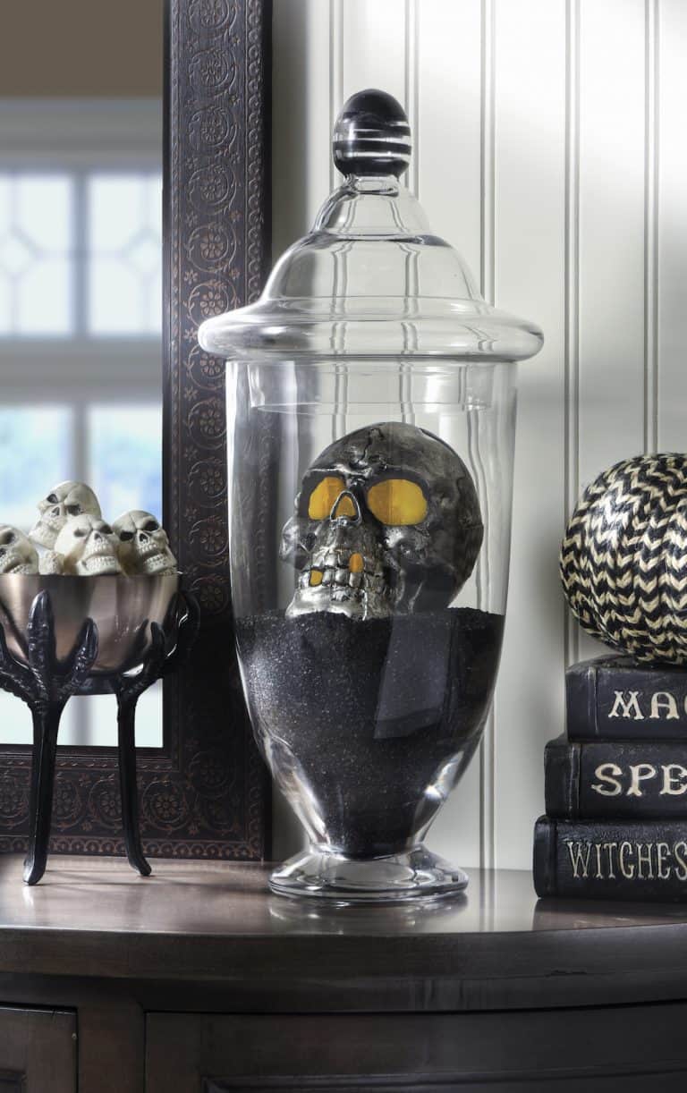 Vintage Halloween Decor Projects You Ll Love DIY Candy   DIY Halloween Spooky Skull Display 768x1222 