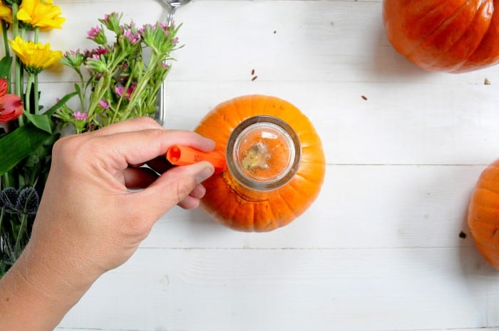 Cutting a small circle around the stem of a pumpkin with a pumpkin carving tool