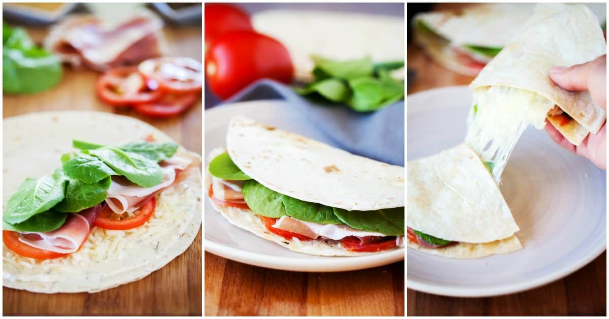 This quesadilla recipe is packed with flavor. Savory prosciutto, juicy tomatoes, crunchy kale and cheesy mozzarella on top of garlic butter - delicious!
