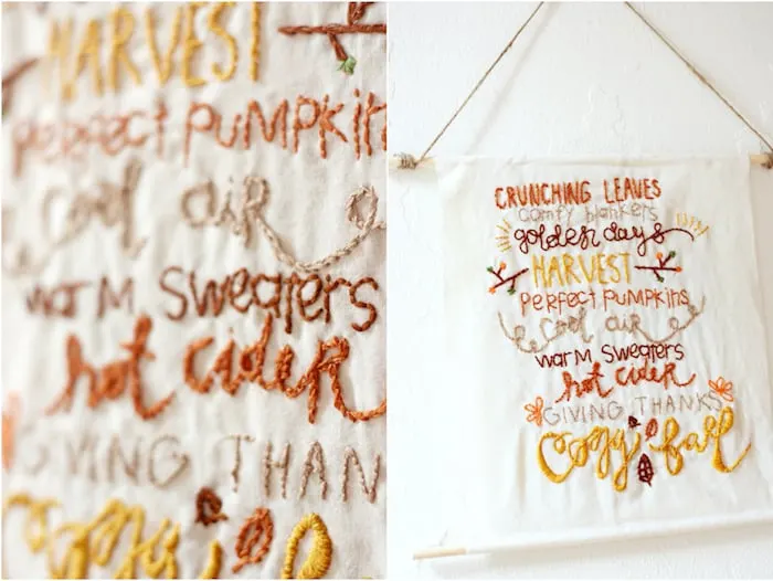 This pretty DIY wall hanging is embroidered with a fun fall theme! Our has a rustic touch but you can customize yours any way you like.