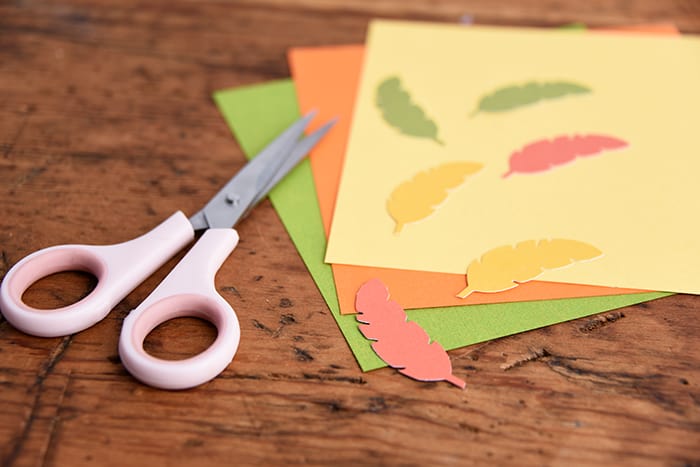 Pair of scissors with cardstock and cut out feathers on top