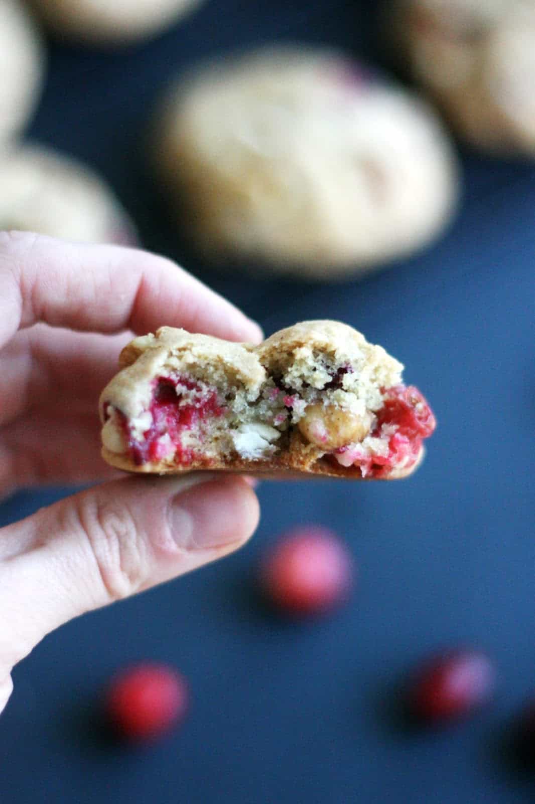 hand holding a cranberry walnut white chocolate cookie with a bite in it