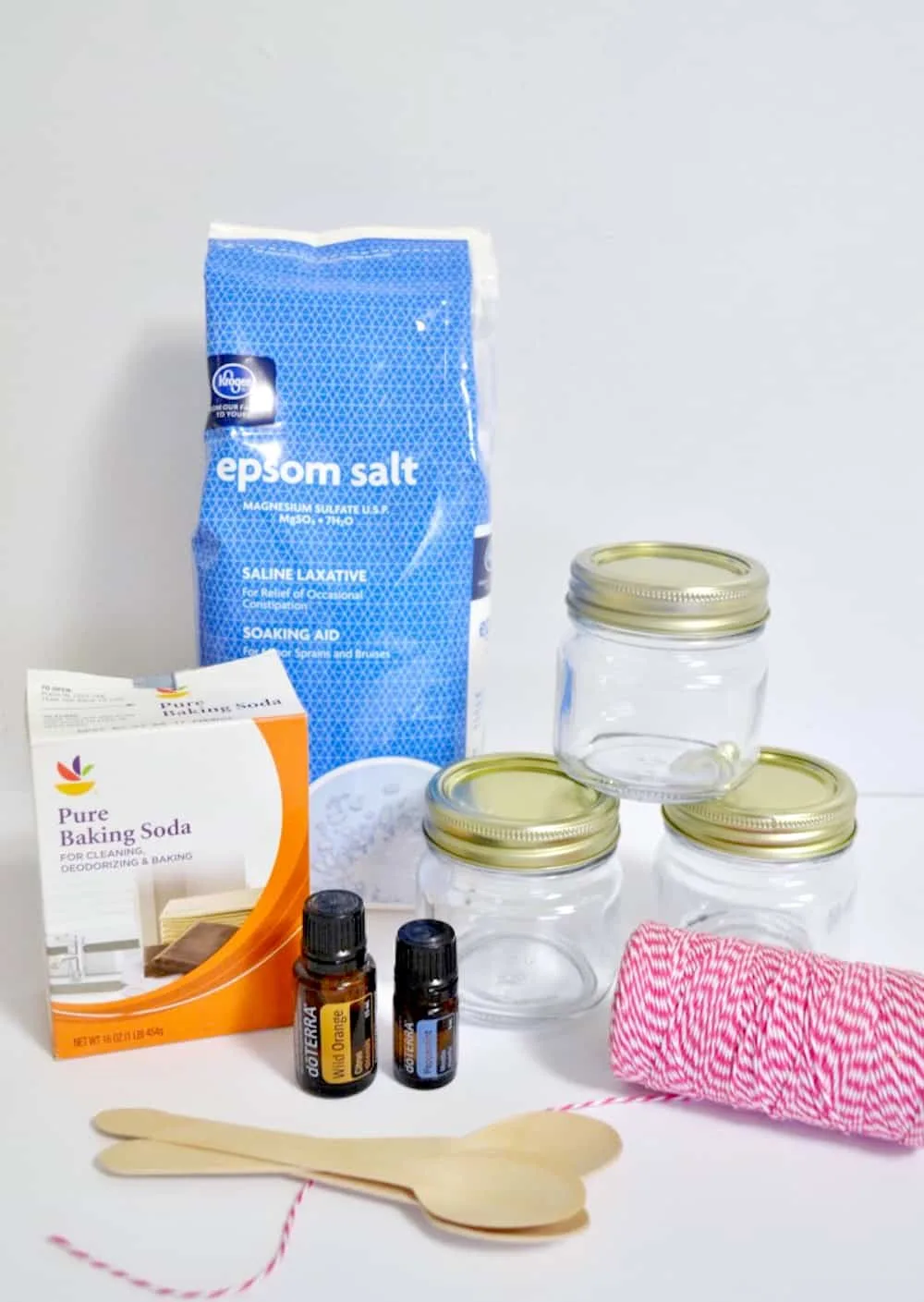 Epsom salt, pure baking soda, mason jars, and essential oils