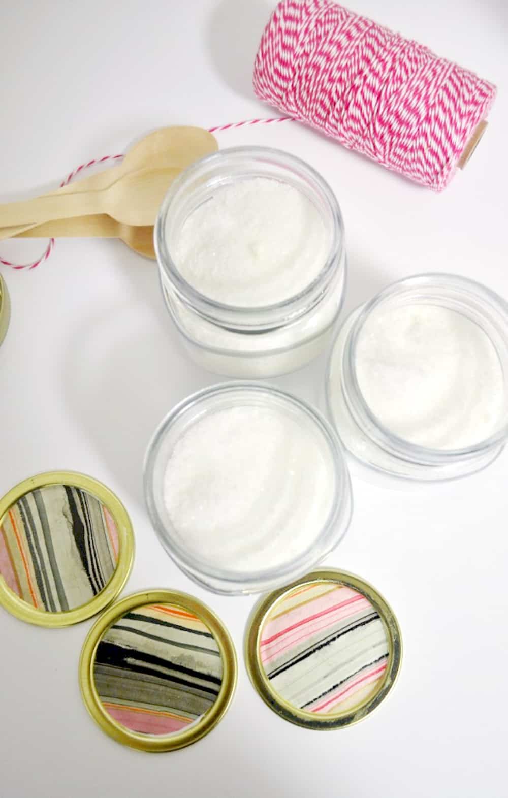 Bath salts in mason jars with baker's twine and wooden spoons