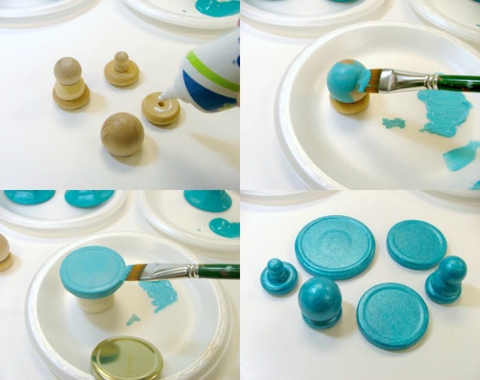 Painting wood knobs and jar lids with acrylic paint