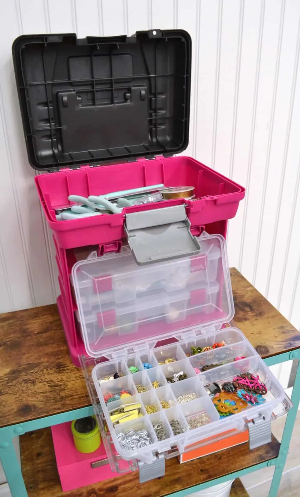 Large jewelry organizer with plastic containers and compartments