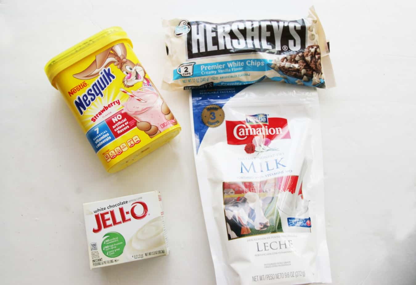 Nesquik, hersheys, Carnation dry milk, and white chocolate Jello