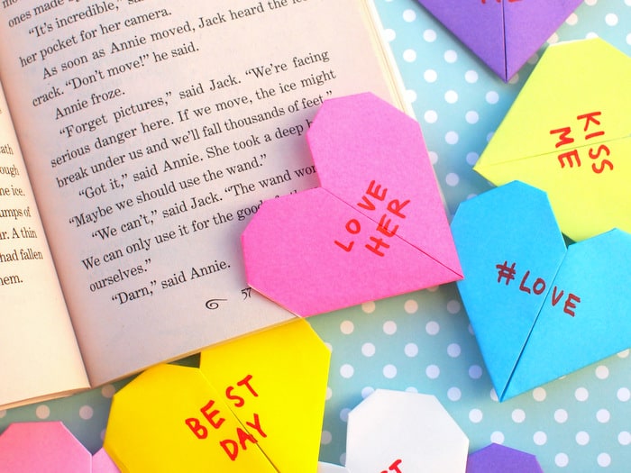 Origami corner bookmark shaped like a heart