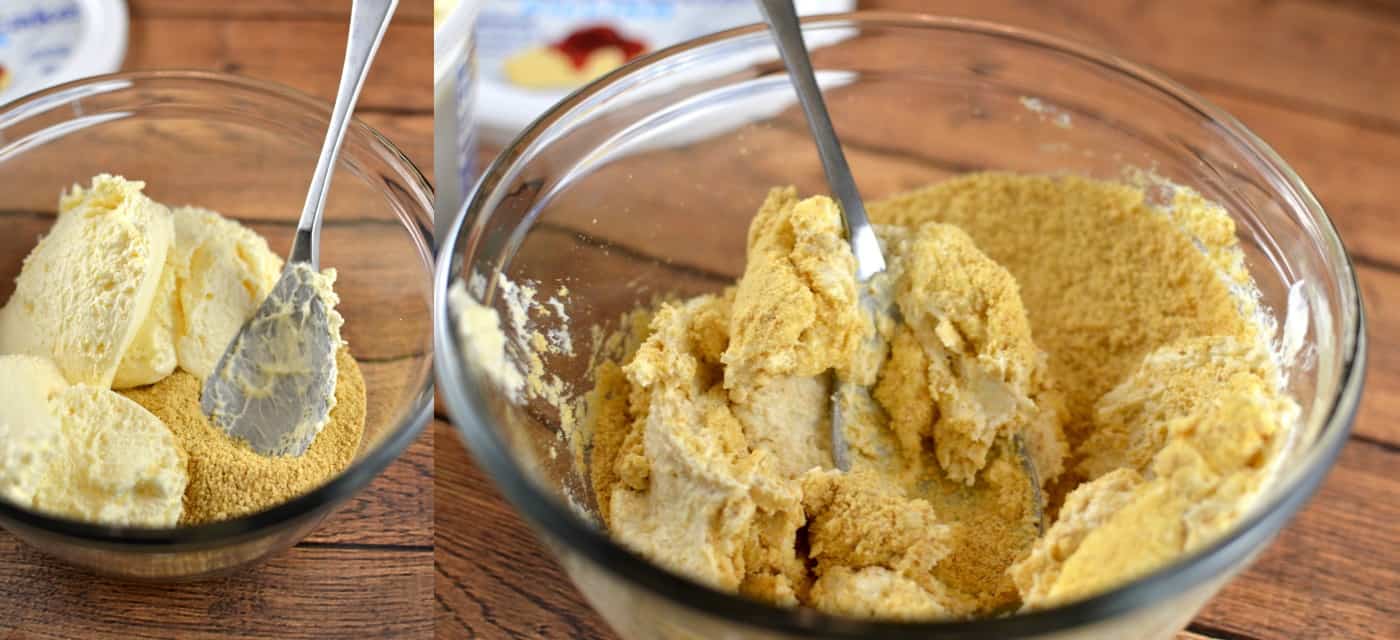 Mixing the cheesecake filling in a bowl with graham cracker crumbs