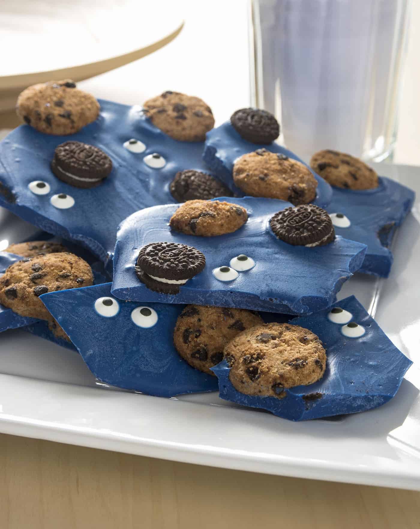 Cookie Monster bark broken apart and sitting on a white plate