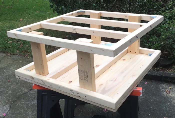 DIY coffee table frame with the four wood pieces attached