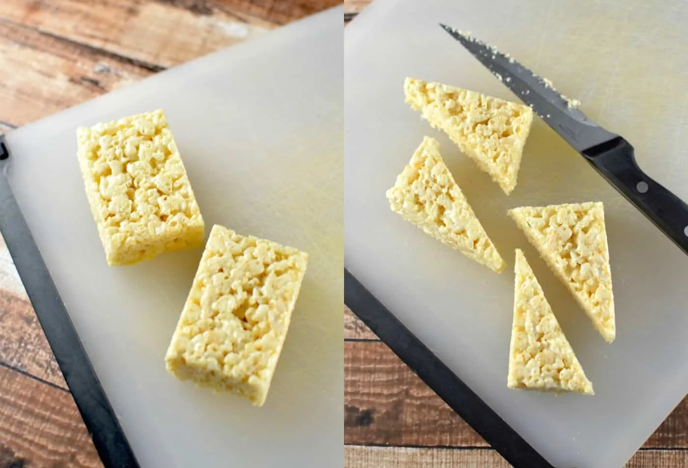 Cutting rice krispie treats into triangle shapes