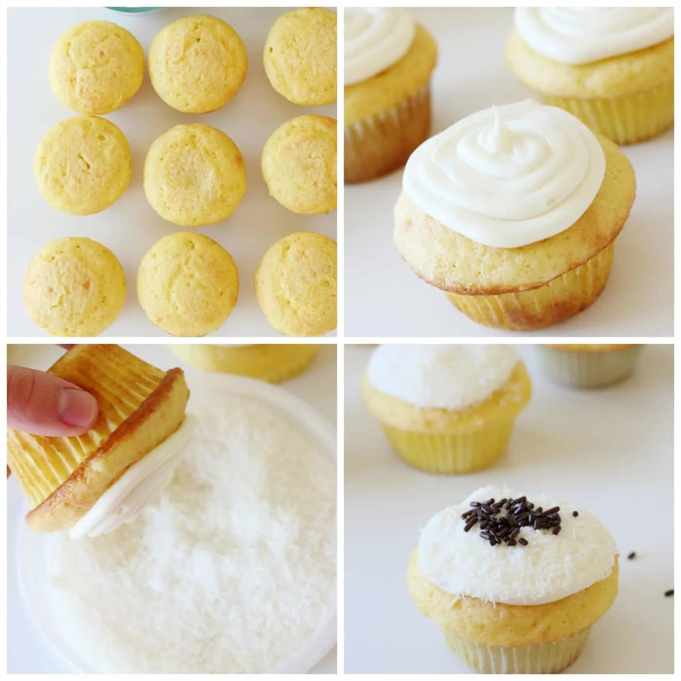Dipping an iced vanilla cupcake in coconut
