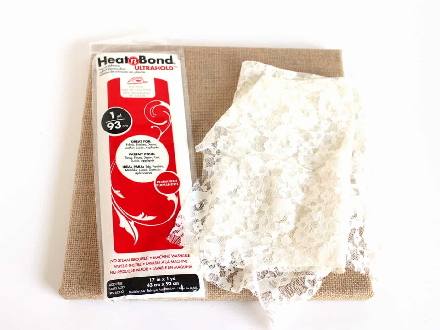 Heat n Bold Ultrahold, lace fabric, and burlap fabric