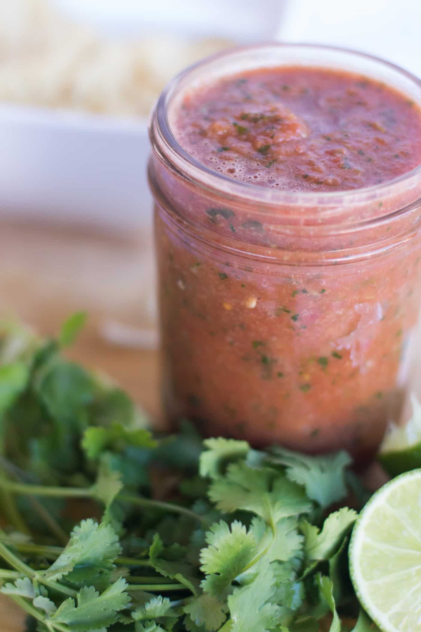 Who doesn't love chips and salsa? This tomato salsa recipe is absolutely delicious and SO easy to make in the blender. It will be a family favorite!