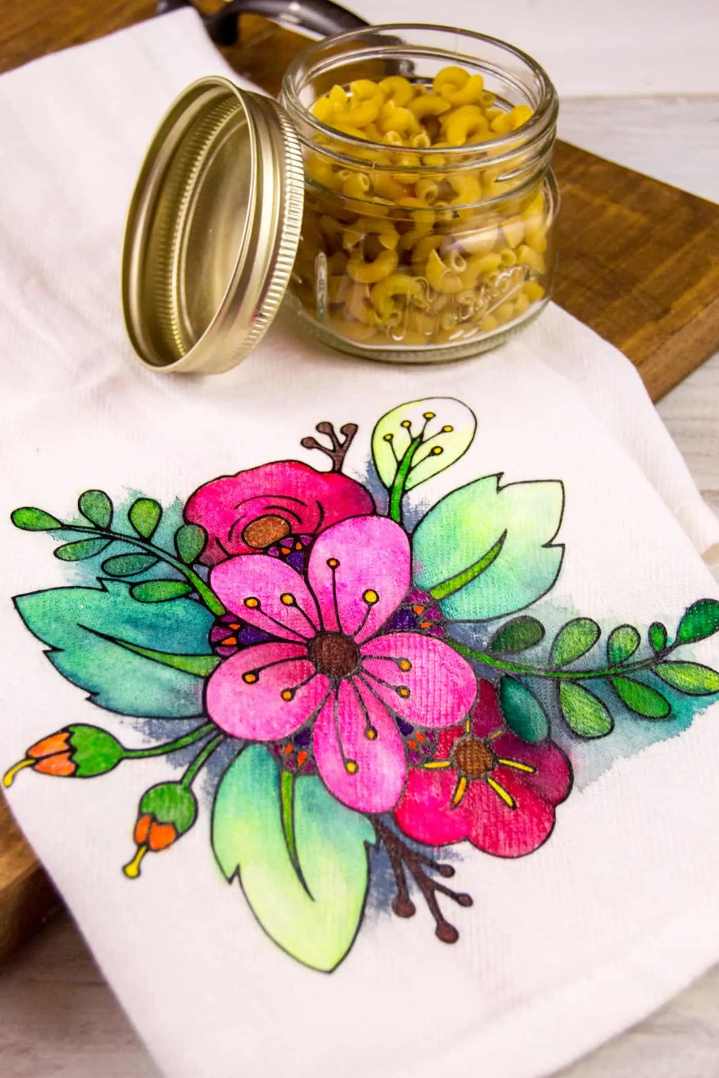 DIY tea towel decorated with fabric markers