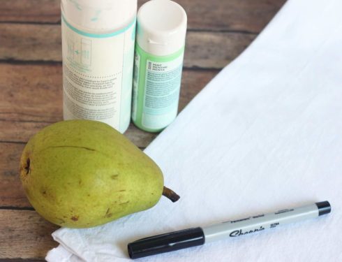 Tea towel, pear, fabric medium, and craft paint
