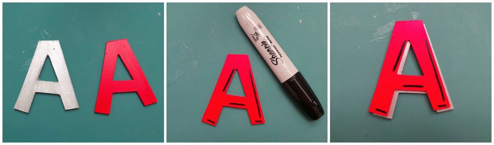 Wood letter A painted silver and red and layered